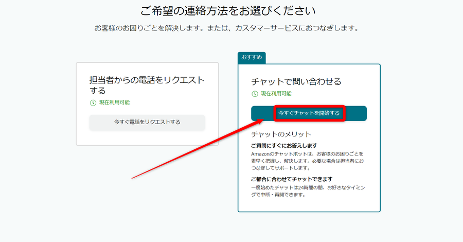 ［今すぐチャットを開始する］が表示されている画面