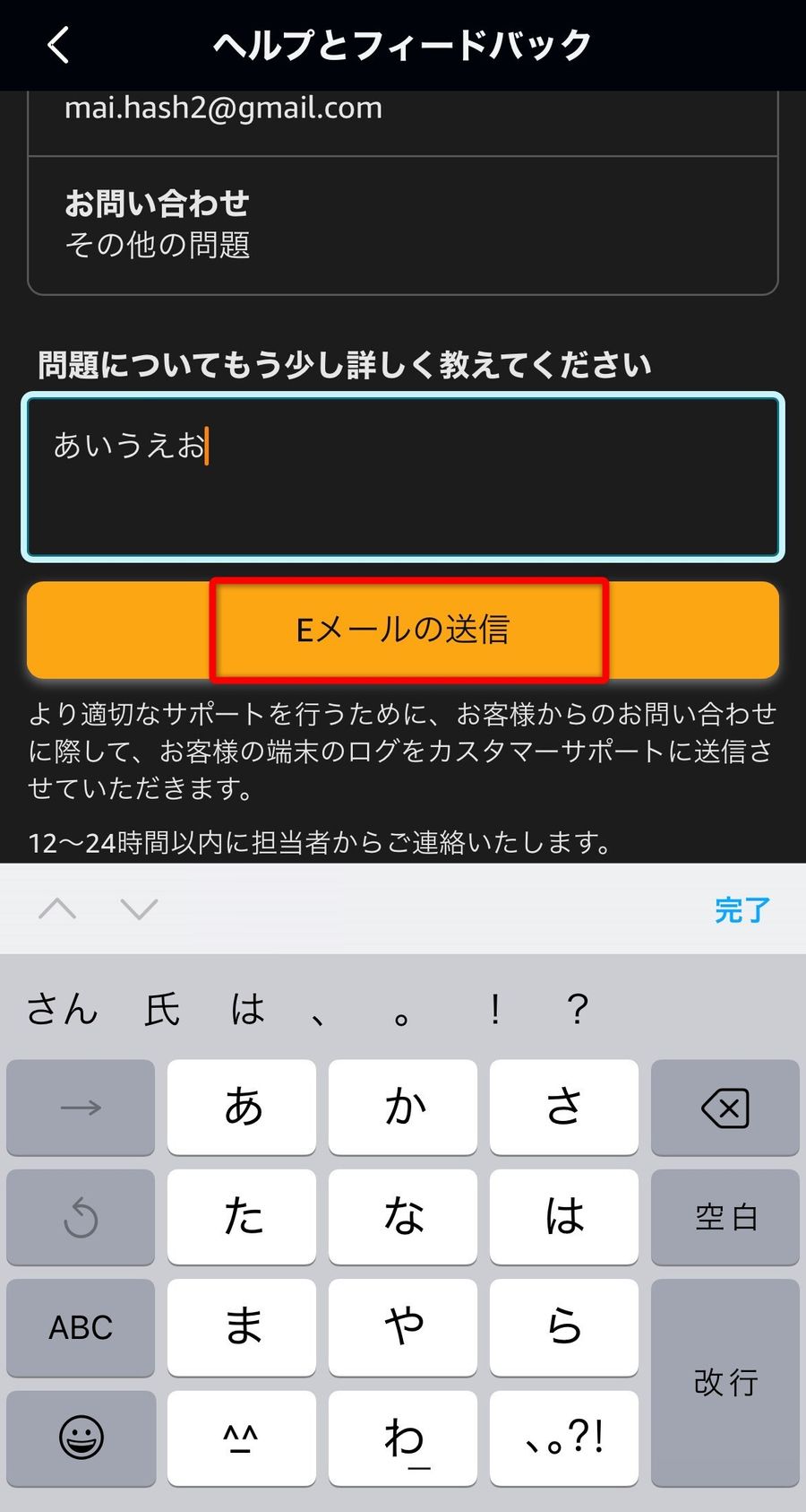 問い合わせ内容の詳細を入力し［Eメールの送信］ボタンが表示されている画面