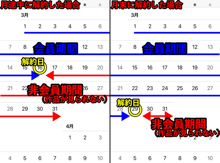 「ディズニープラス」月途中の解約と月末の解約を比較。