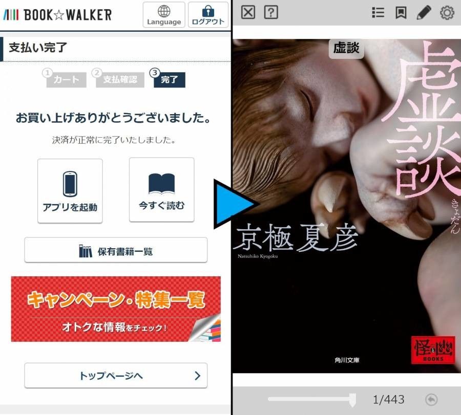 購入完了画面と書籍ビューア