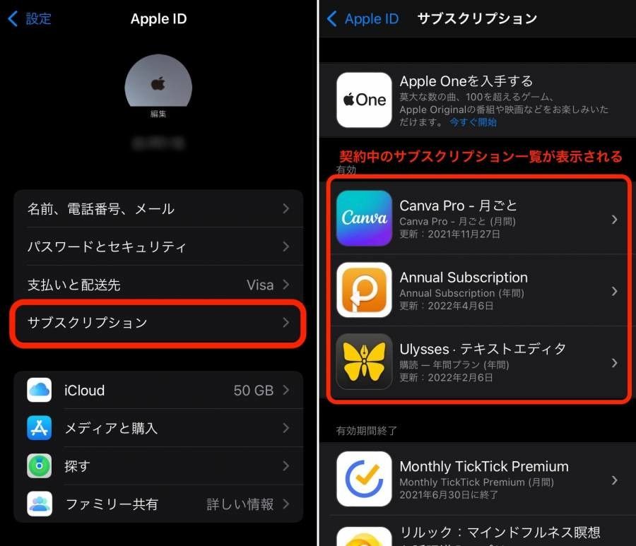 AppleIDのサブスクリプション画面