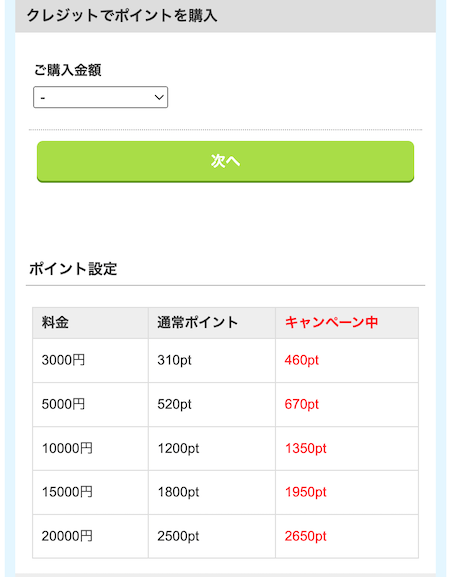 Jメールのクレジットでのポイント購入画面のスクショ