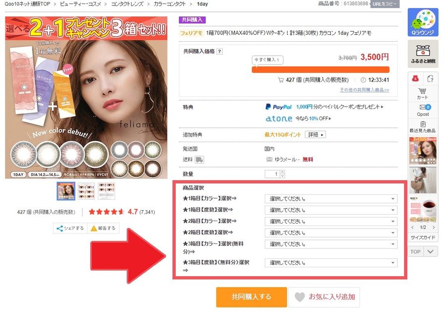 Qoo10PC版 共同購入オプション選択のイメージ