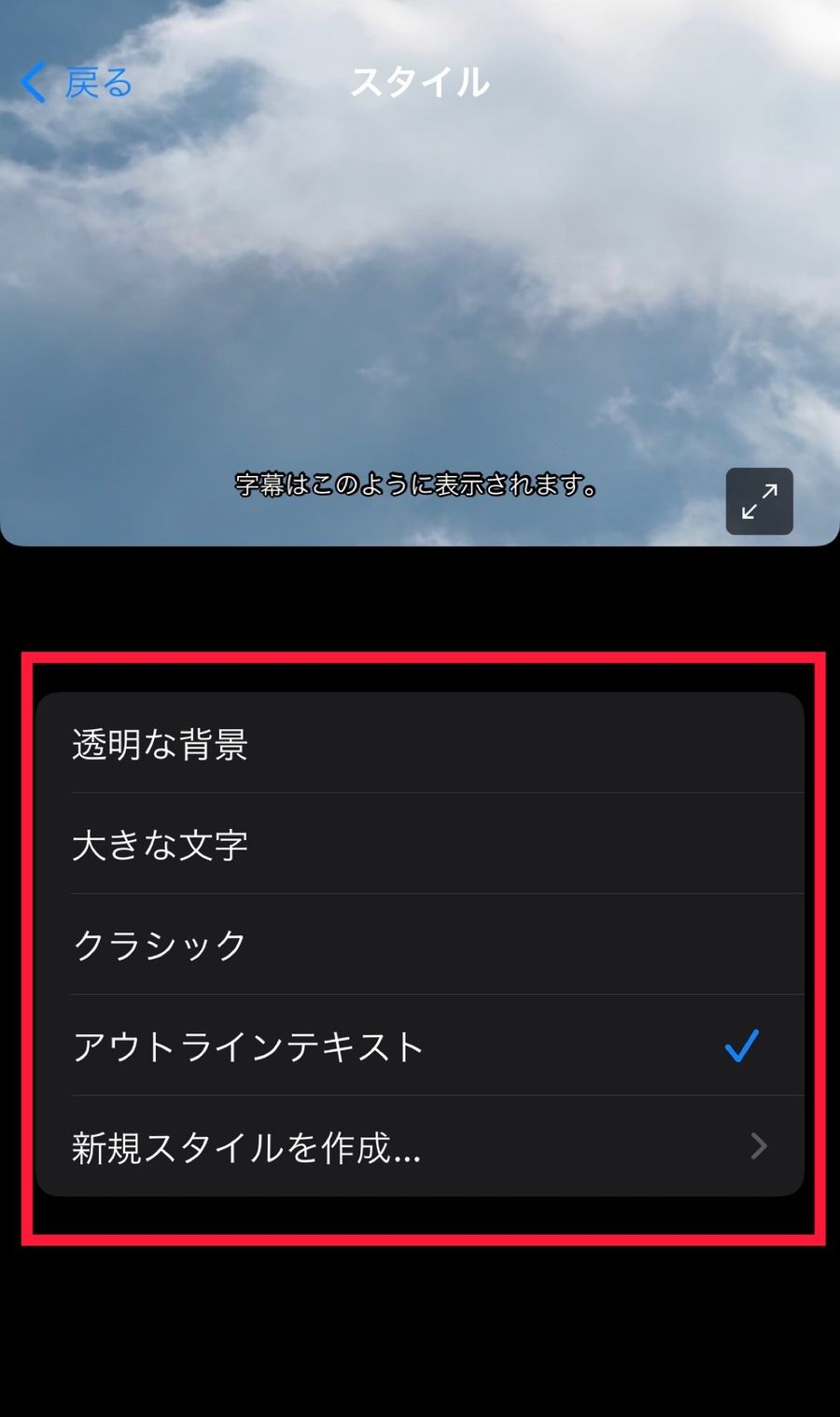 字幕スタイルの変更画面