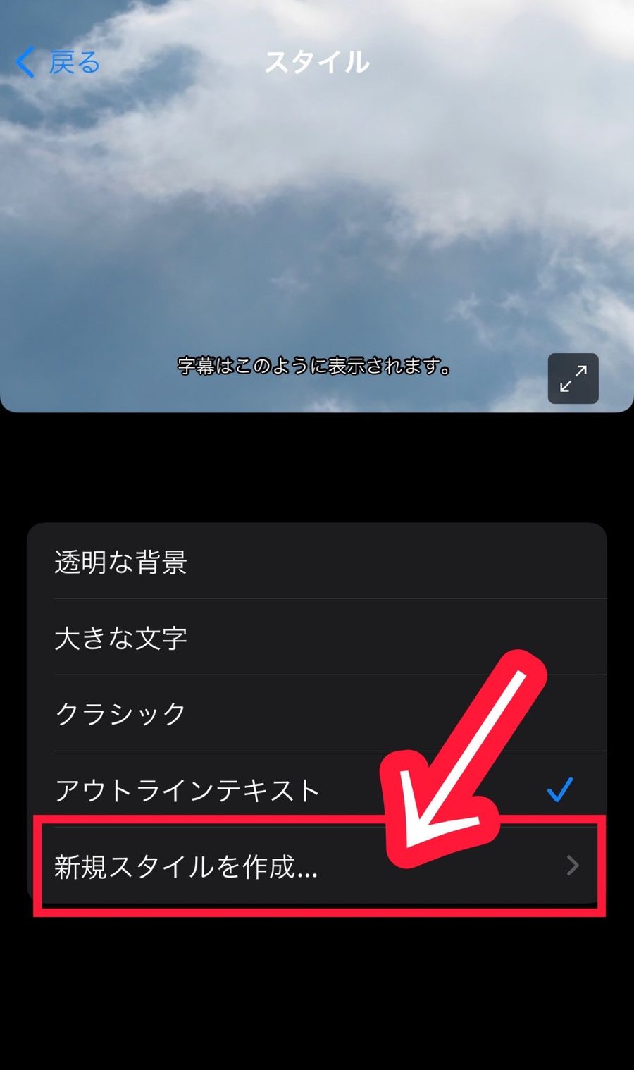 字幕スタイルの変更画面