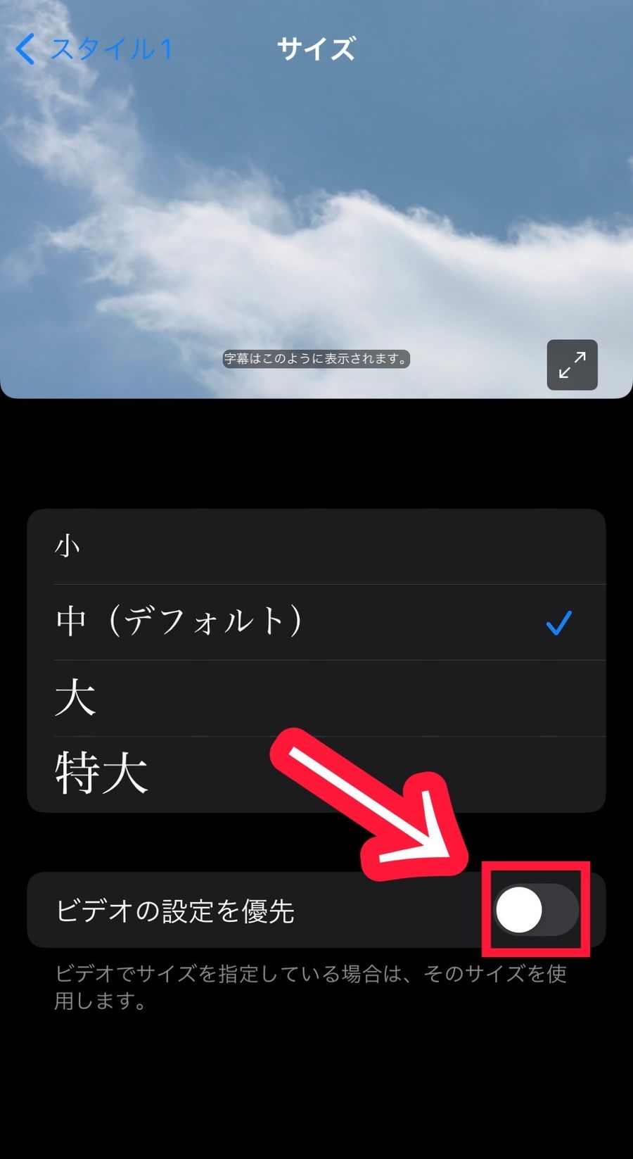 サイズの設定画面