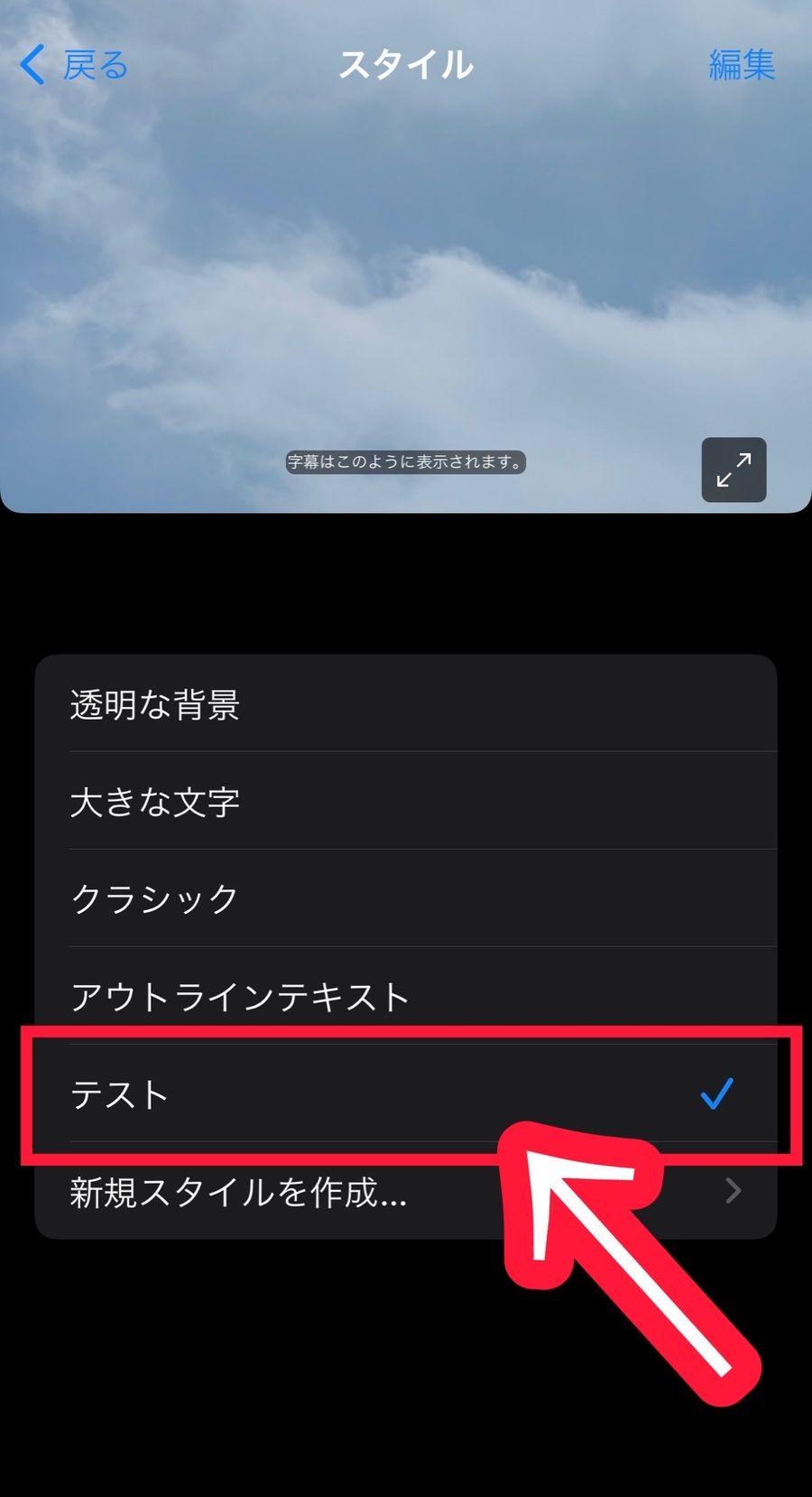 字幕スタイルの変更画面