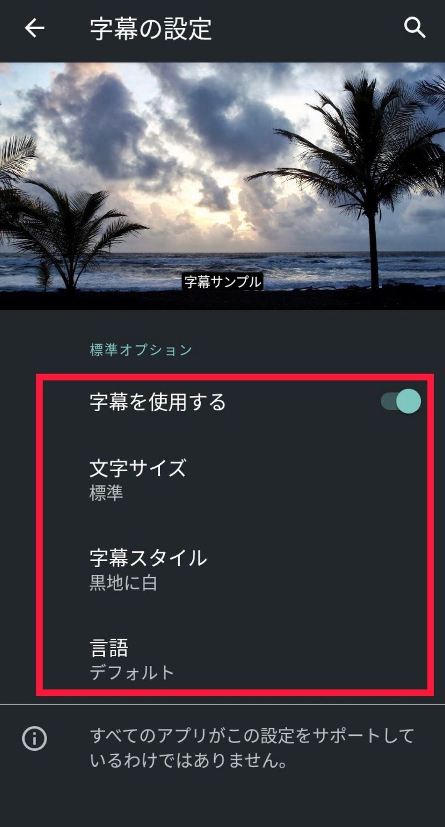 Android（Googleデバイス）の字幕の設定画面