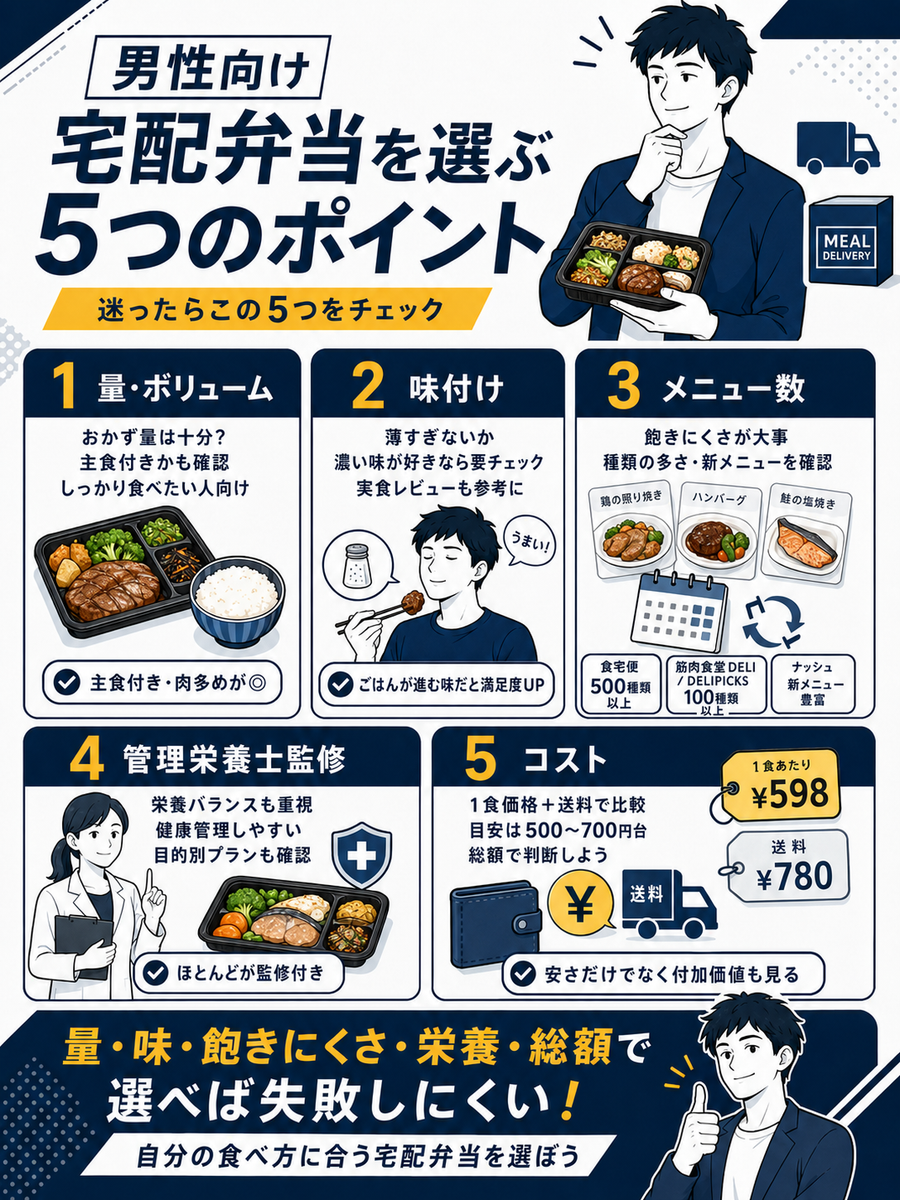 男性向けの宅配弁当を選ぶ5つのポイント　図説