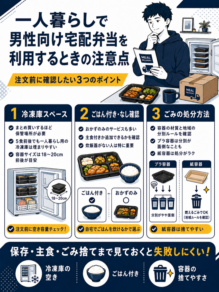 一人暮らしで男性向け宅配弁当を利用するときの注意点　図説