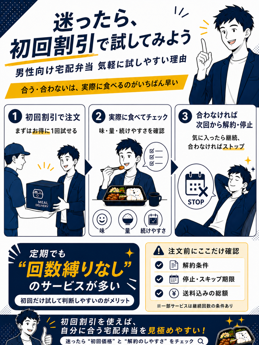 迷ったらお試し！ 男性向け宅配弁当の初回割引まとめ　図説