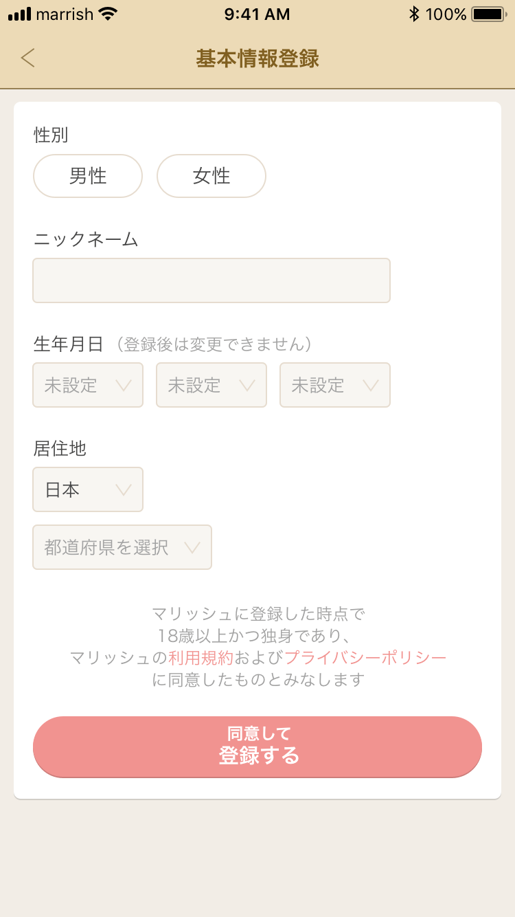 マリッシュ 基本情報を入力する