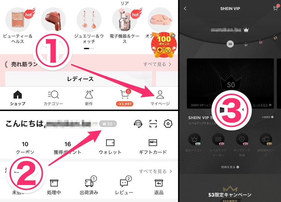 SHEINのVIPランク確認手順の画像