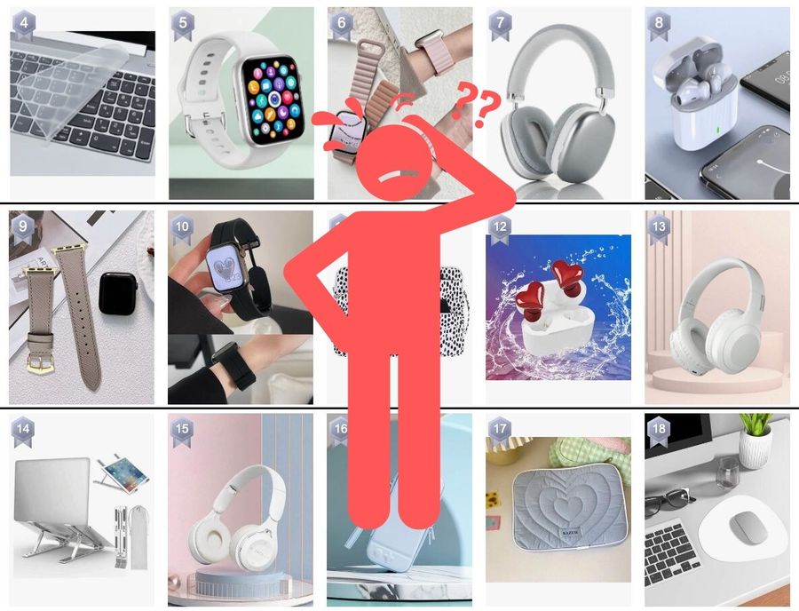 SHEINの商品が多すぎて迷っている男性のイラスト画像