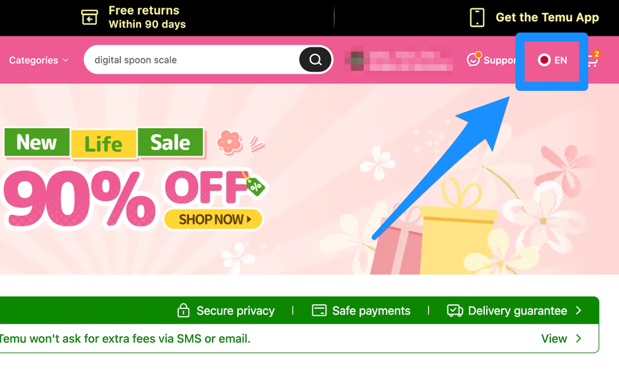 英語版TemuWebサイトトップページの画像