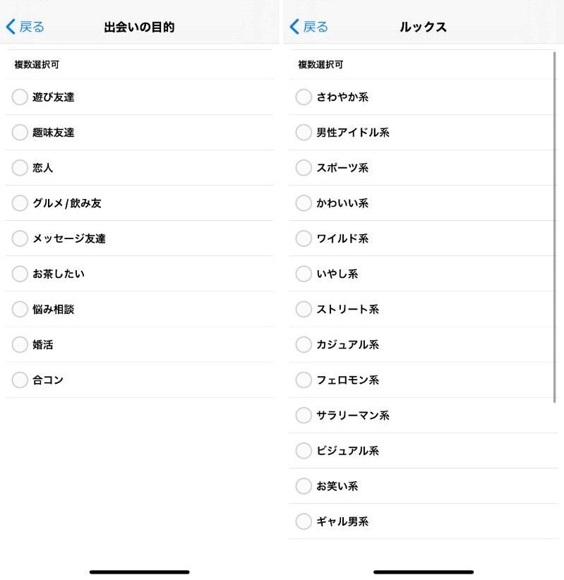 ハッピーメール検索項目の例（相手が男性の場合）