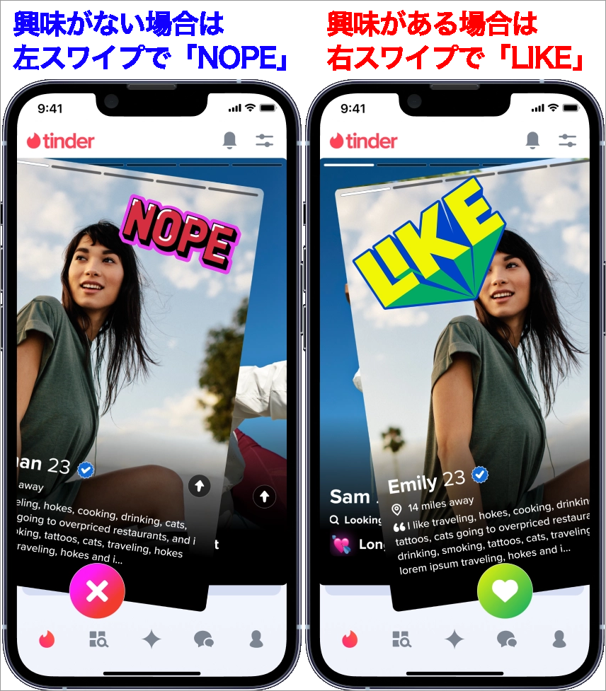 Tinderのスワイプ形式説明画像